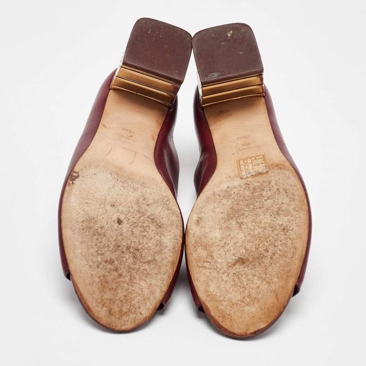 Pre Owned Tory Burch Burgundy Leather Block Heel Mules Size 37.5