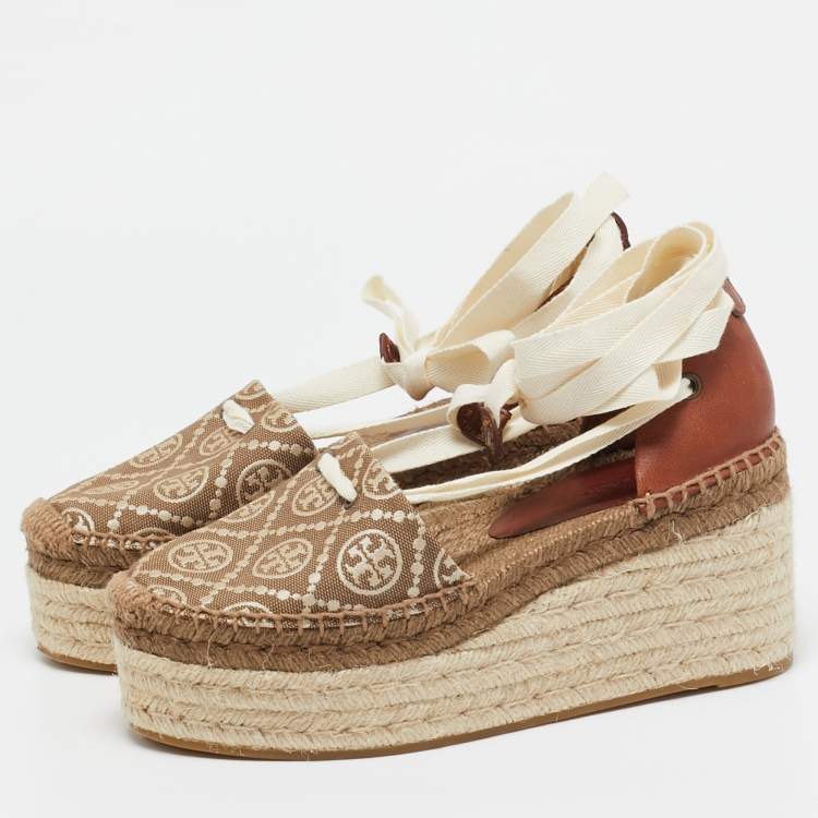 Pre Owned Tory Burch Brown/Beige Canvas and Leather Wedge Sandals Size 37.5