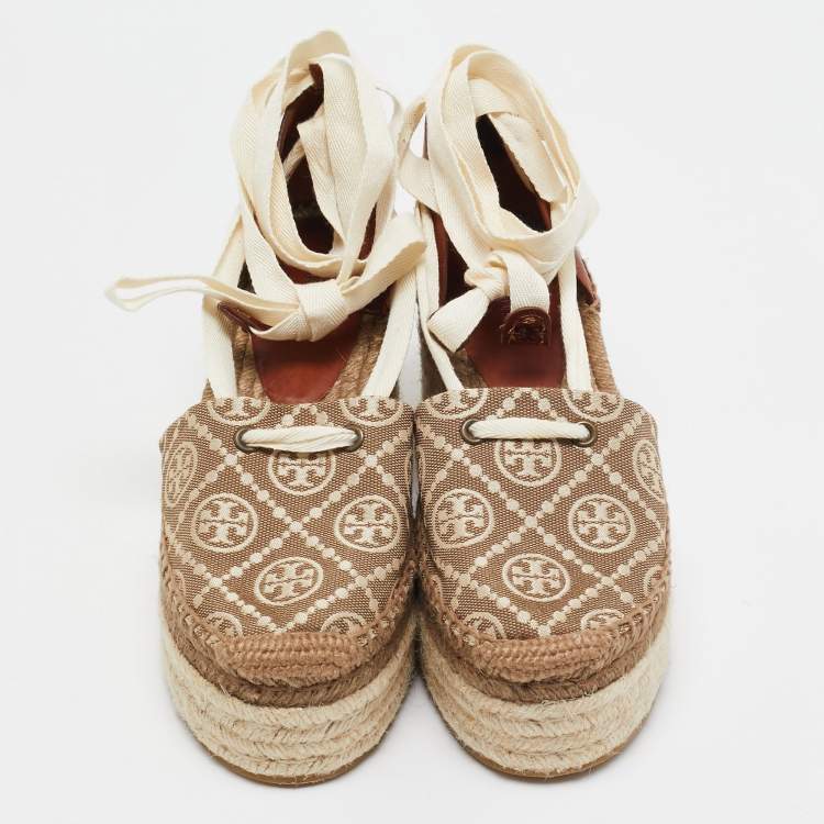 Pre Owned Tory Burch Brown/Beige Canvas and Leather Wedge Sandals Size 37.5