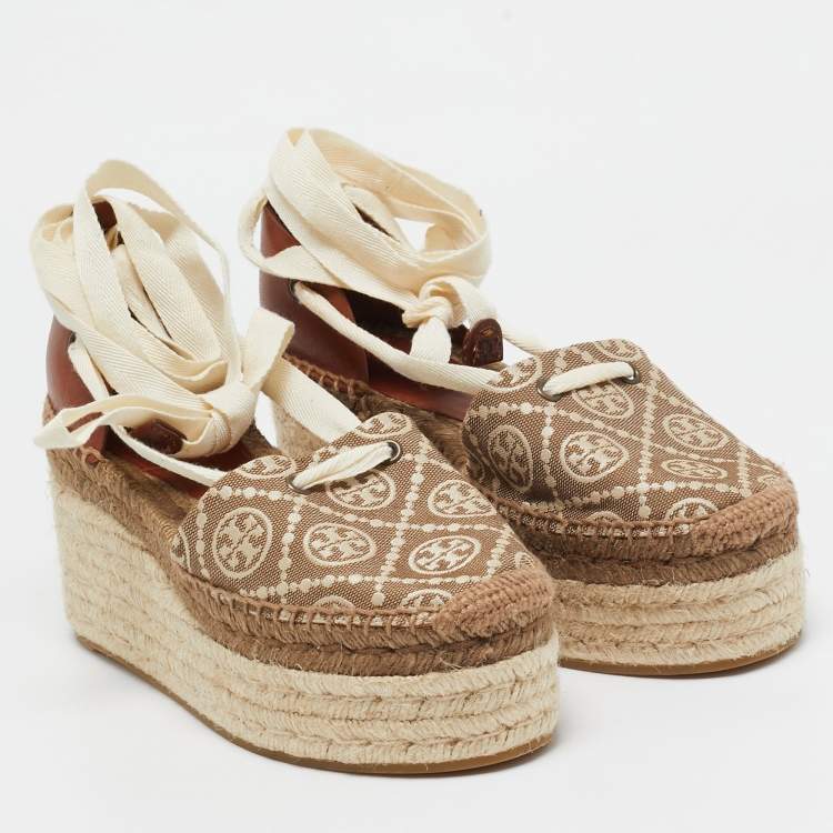 Pre Owned Tory Burch Brown/Beige Canvas and Leather Wedge Sandals Size 37.5