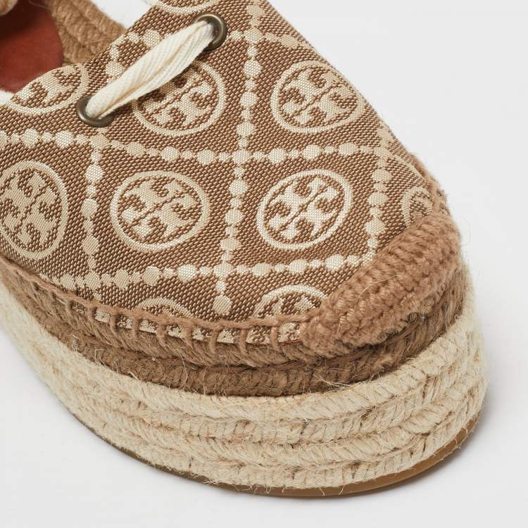 Pre Owned Tory Burch Brown/Beige Canvas and Leather Wedge Sandals Size 37.5