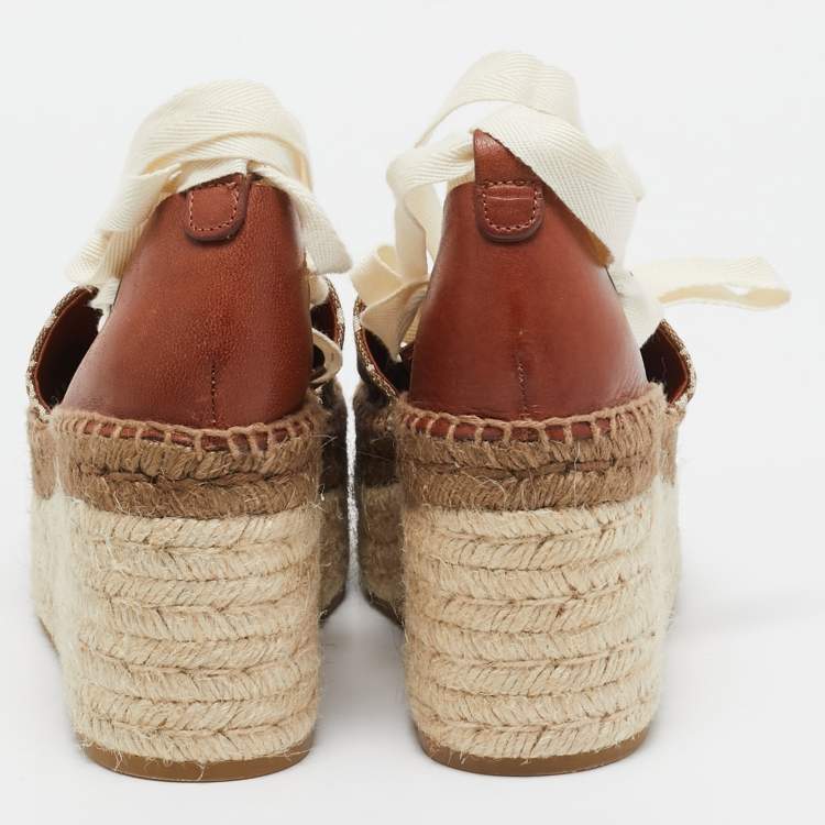 Pre Owned Tory Burch Brown/Beige Canvas and Leather Wedge Sandals Size 37.5