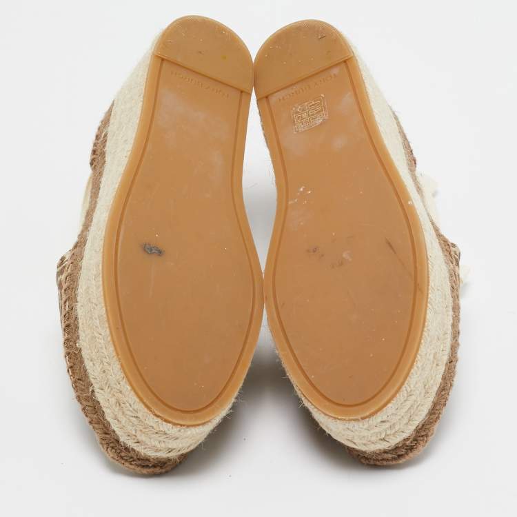 Pre Owned Tory Burch Brown/Beige Canvas and Leather Wedge Sandals Size 37.5