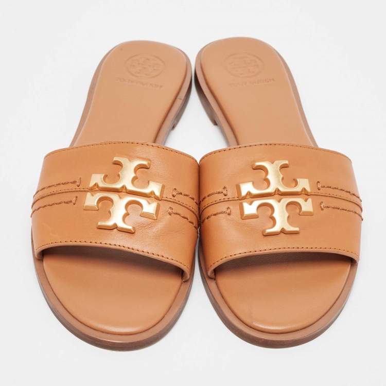 Pre Owned Tory Burch Brown Leather Everly Flat Slides Size 37.5