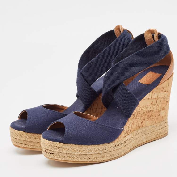 Pre Owned Tory Burch Navy Blue Canvas and Leather Espadrille Platform Cork Wedge Sandals Size 39