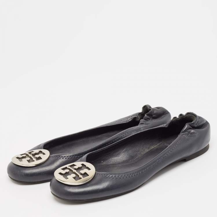 Pre Owned Tory Burch Black Leather Reva Logo Ballet Flats Size 39