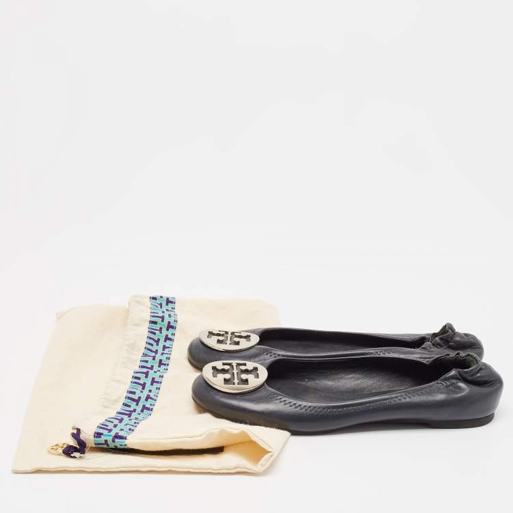 Pre Owned Tory Burch Black Leather Reva Logo Ballet Flats Size 39