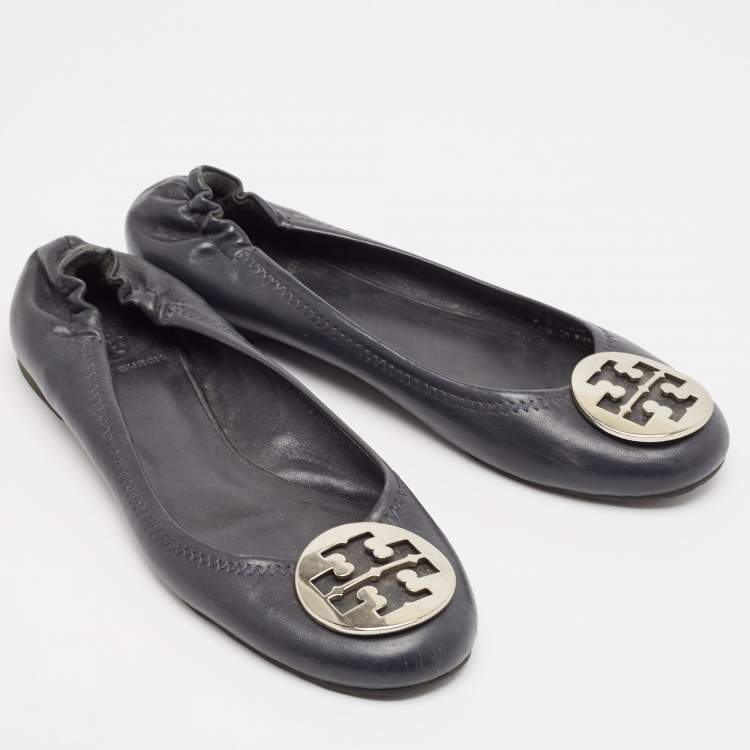 Pre Owned Tory Burch Black Leather Reva Logo Ballet Flats Size 39