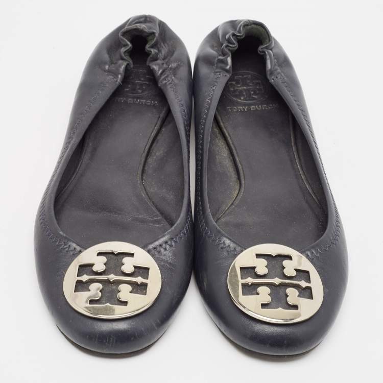 Pre Owned Tory Burch Black Leather Reva Logo Ballet Flats Size 39