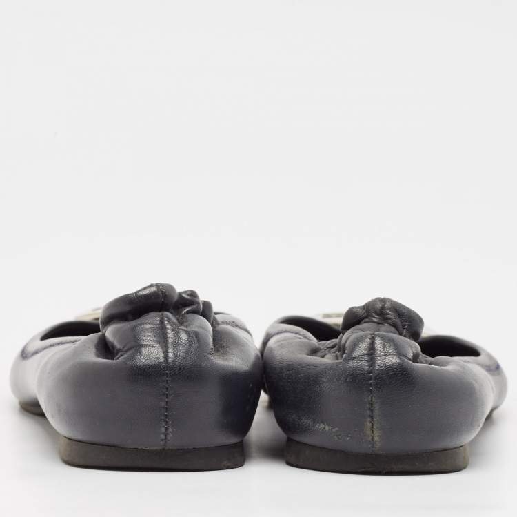 Pre Owned Tory Burch Black Leather Reva Logo Ballet Flats Size 39
