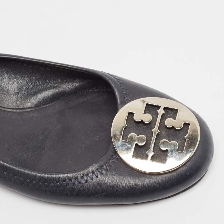 Pre Owned Tory Burch Black Leather Reva Logo Ballet Flats Size 39