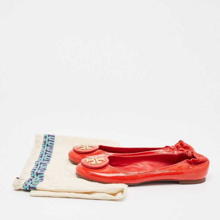Pre Owned Tory Burch Red Patent Leather Reva Scrunch Ballet Flats Size 38.5
