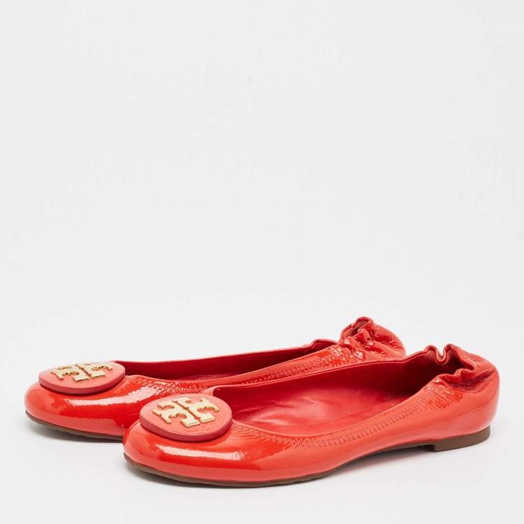 Pre Owned Tory Burch Red Patent Leather Reva Scrunch Ballet Flats Size 38.5