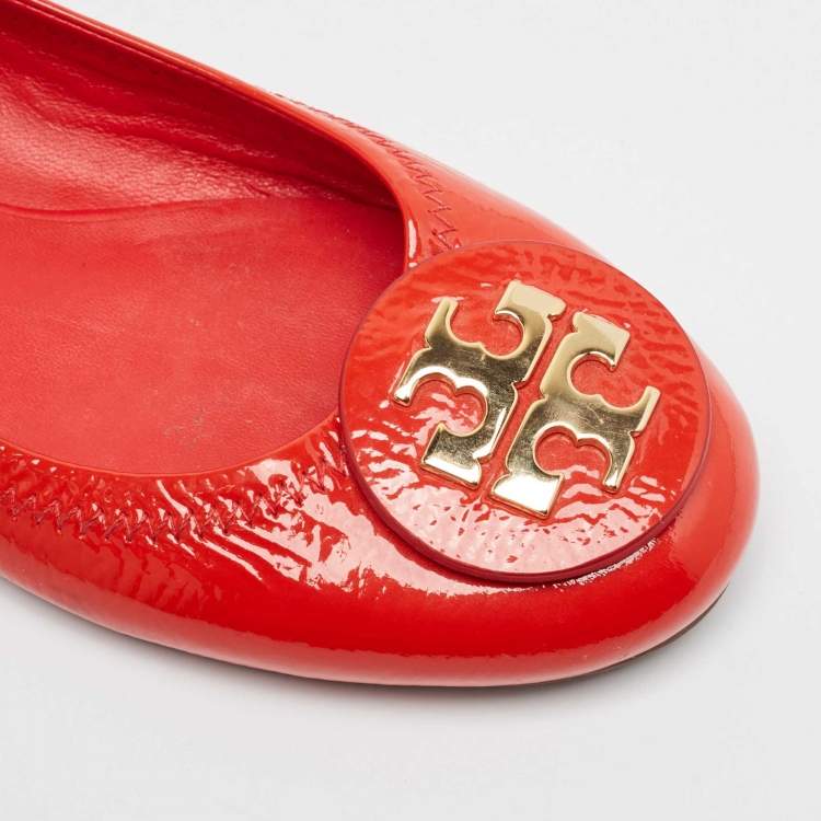 Pre Owned Tory Burch Red Patent Leather Reva Scrunch Ballet Flats Size 38.5