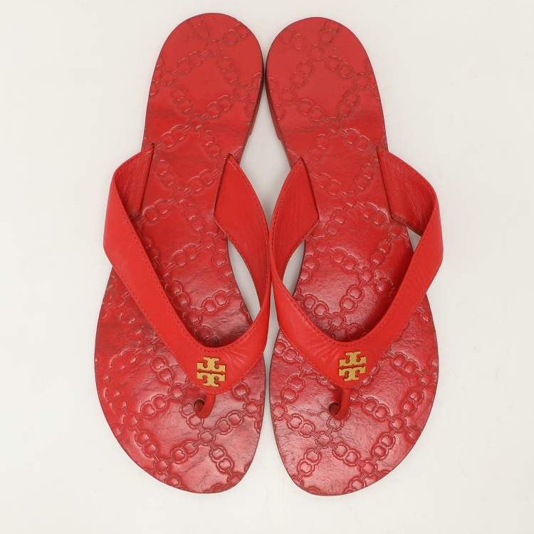 Pre Owned Tory Burch Red Leather Thong Flats Size 38