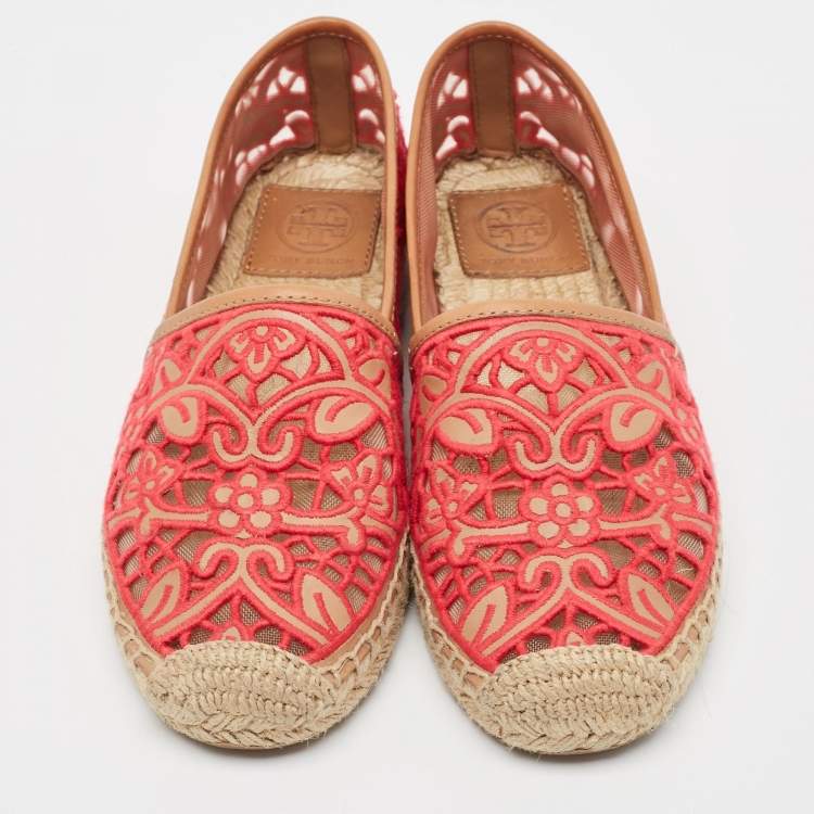 Pre Owned Tory Burch Pink/Brown Lace and Leather Lucia Espadrille Flats Size 37.5