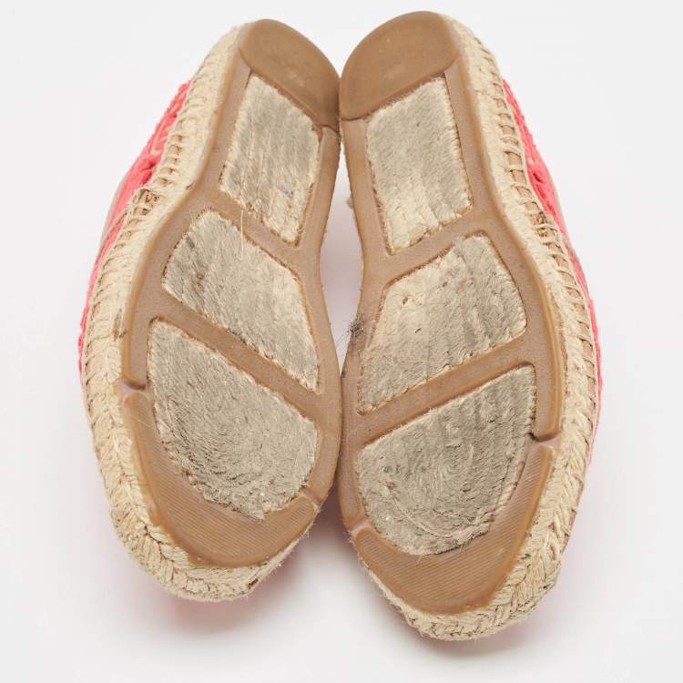 Pre Owned Tory Burch Pink/Brown Lace and Leather Lucia Espadrille Flats Size 37.5