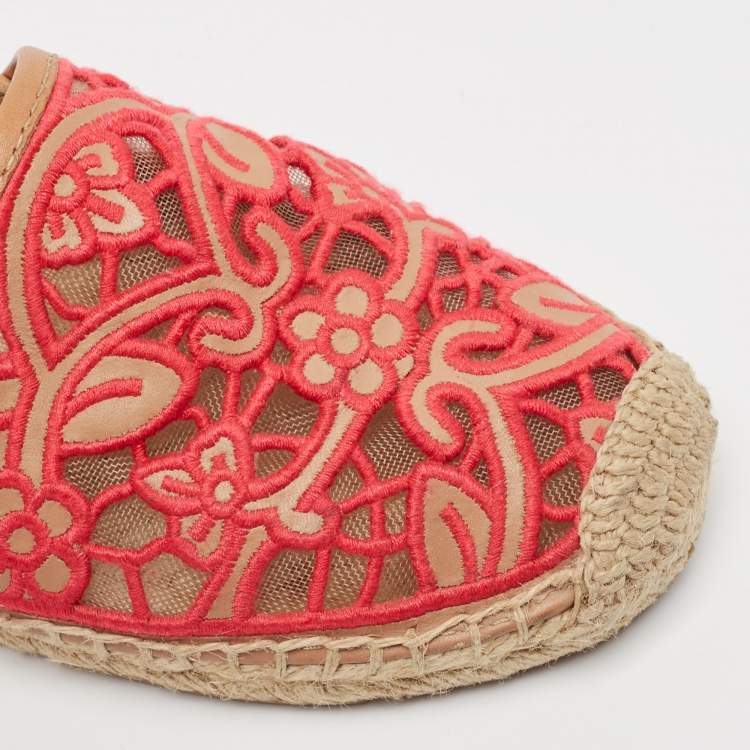 Pre Owned Tory Burch Pink/Brown Lace and Leather Lucia Espadrille Flats Size 37.5