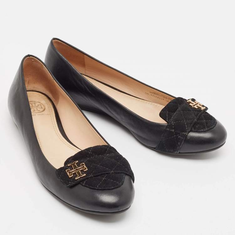 Pre Owned Tory Burch Black Leather and Suede Leila Loafers Size 37.5