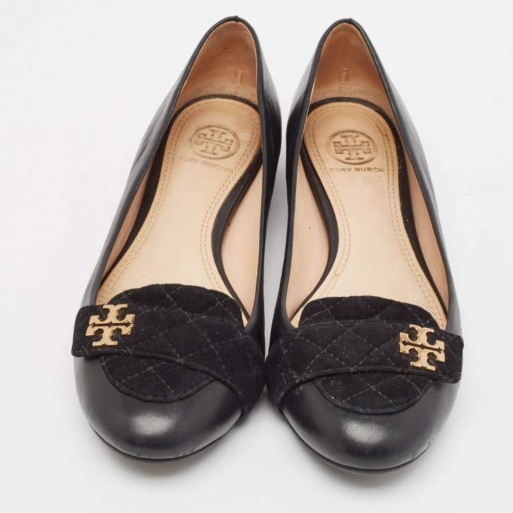Pre Owned Tory Burch Black Leather and Suede Leila Loafers Size 37.5