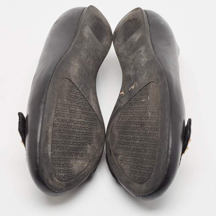Pre Owned Tory Burch Black Leather and Suede Leila Loafers Size 37.5