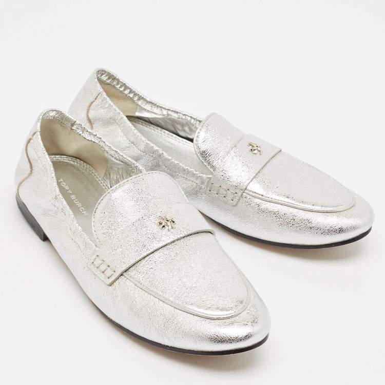 Pre Owned Tory Burch Silver Leather Ballet Loafers Size 38.5