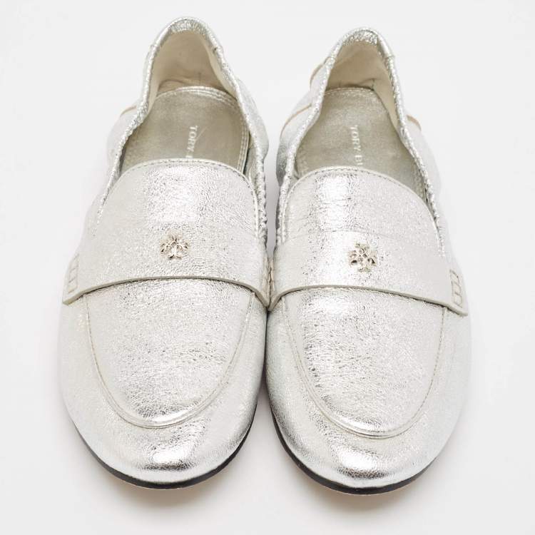Pre Owned Tory Burch Silver Leather Ballet Loafers Size 38.5