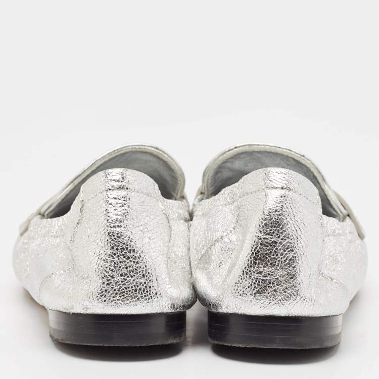 Pre Owned Tory Burch Silver Leather Ballet Loafers Size 38.5