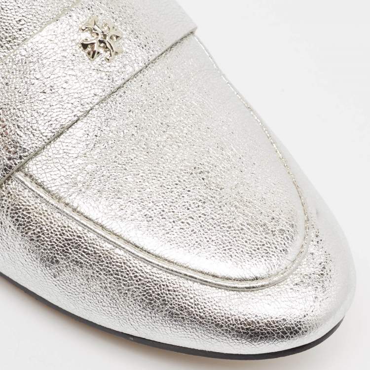Pre Owned Tory Burch Silver Leather Ballet Loafers Size 38.5
