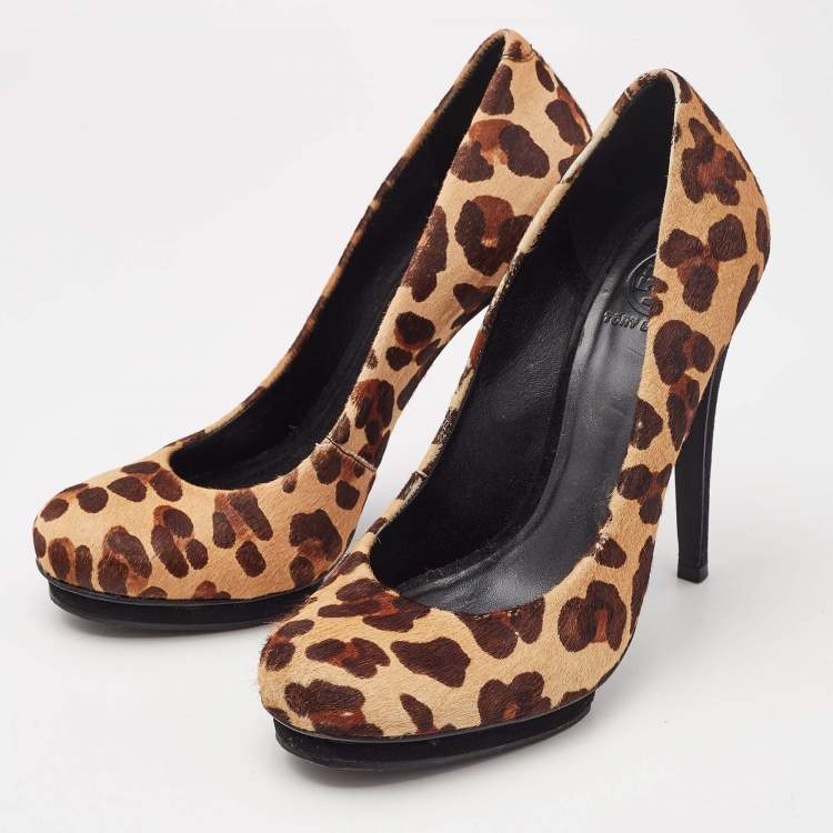 Pre Owned Tory Burch Brown Leopard Print Round Toe Pumps Size 40.5