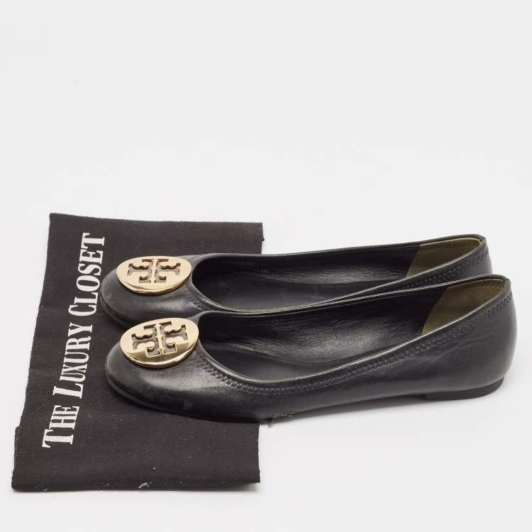 Pre Owned Tory Burch Black Leather Reva Ballet Flats Size 38.5