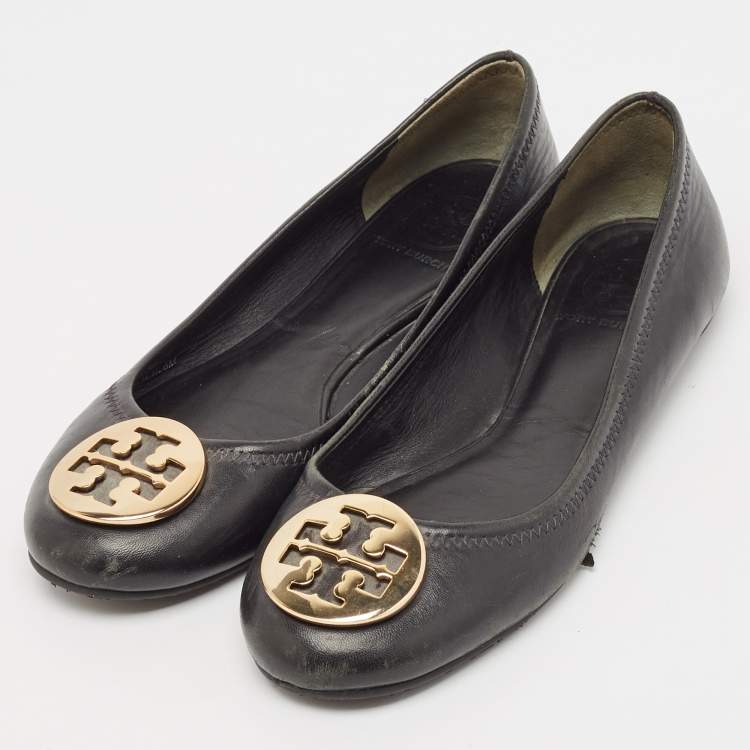 Pre Owned Tory Burch Black Leather Reva Ballet Flats Size 38.5