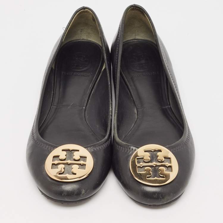 Pre Owned Tory Burch Black Leather Reva Ballet Flats Size 38.5
