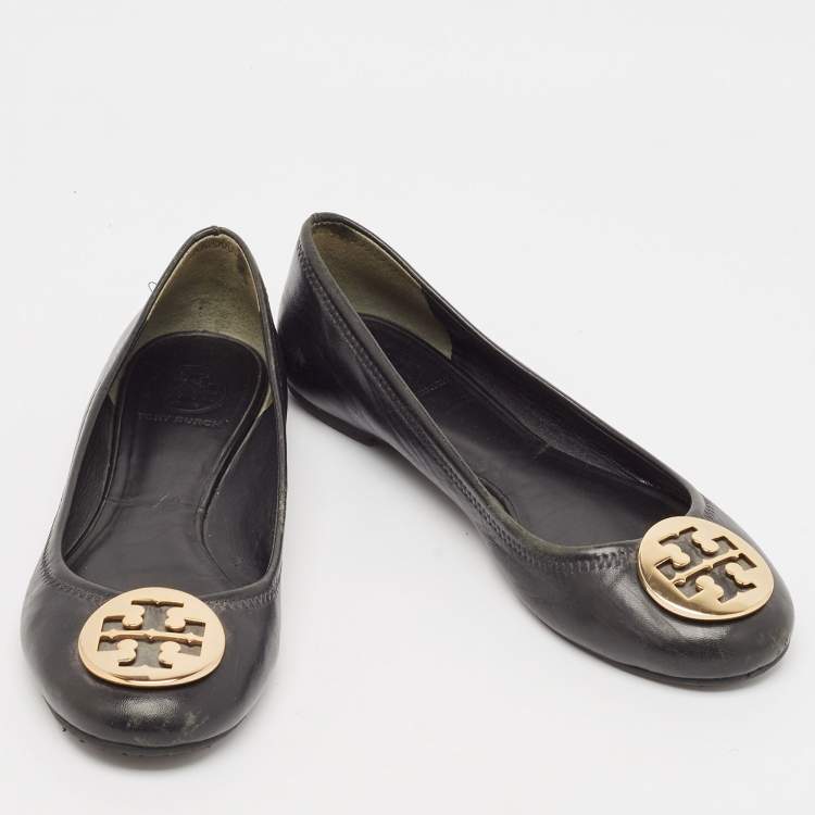 Pre Owned Tory Burch Black Leather Reva Ballet Flats Size 38.5