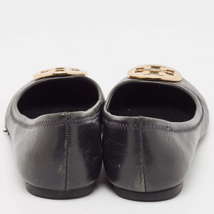 Pre Owned Tory Burch Black Leather Reva Ballet Flats Size 38.5