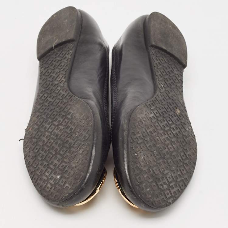 Pre Owned Tory Burch Black Leather Reva Ballet Flats Size 38.5