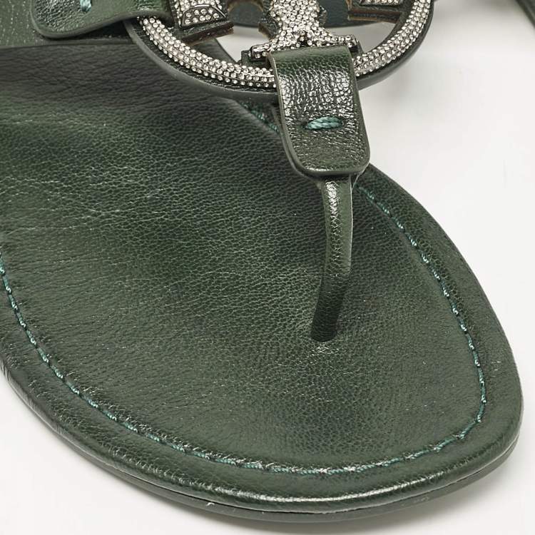 Pre Owned Tory Burch Green Leather Crystals Knotted Miller Thong Flats Size 39