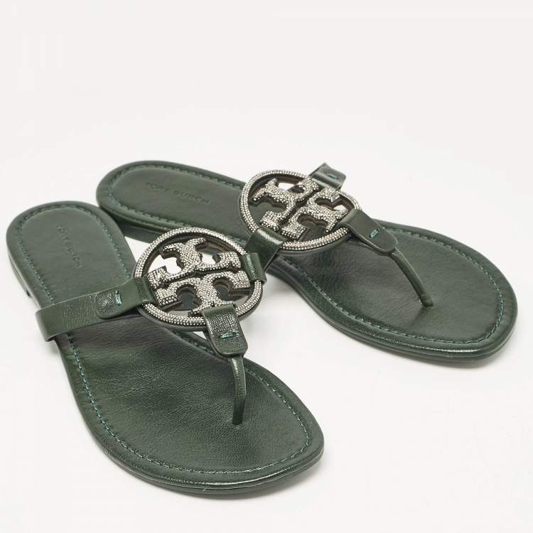 Pre Owned Tory Burch Green Leather Crystals Knotted Miller Thong Flats Size 39