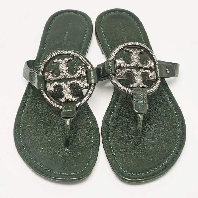 Pre Owned Tory Burch Green Leather Crystals Knotted Miller Thong Flats Size 39