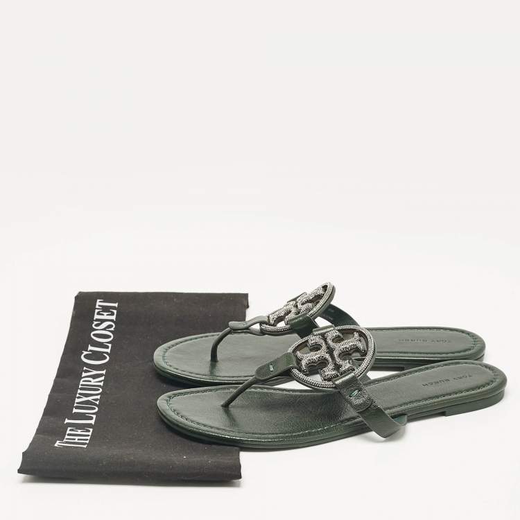 Pre Owned Tory Burch Green Leather Crystals Knotted Miller Thong Flats Size 39