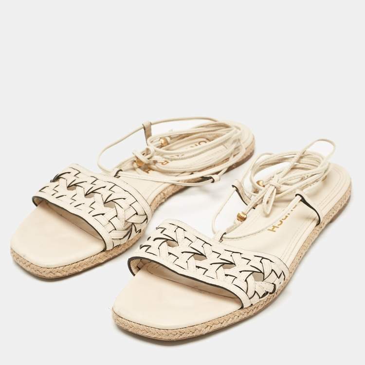Pre Owned Tory Burch Cream Leather Ankle Wrap Flat Slides Size 39