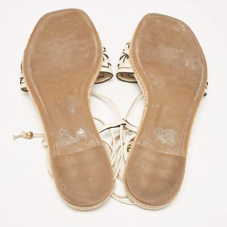 Pre Owned Tory Burch Cream Leather Ankle Wrap Flat Slides Size 39