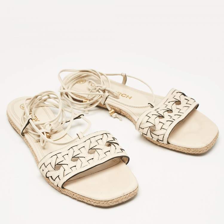Pre Owned Tory Burch Cream Leather Ankle Wrap Flat Slides Size 39