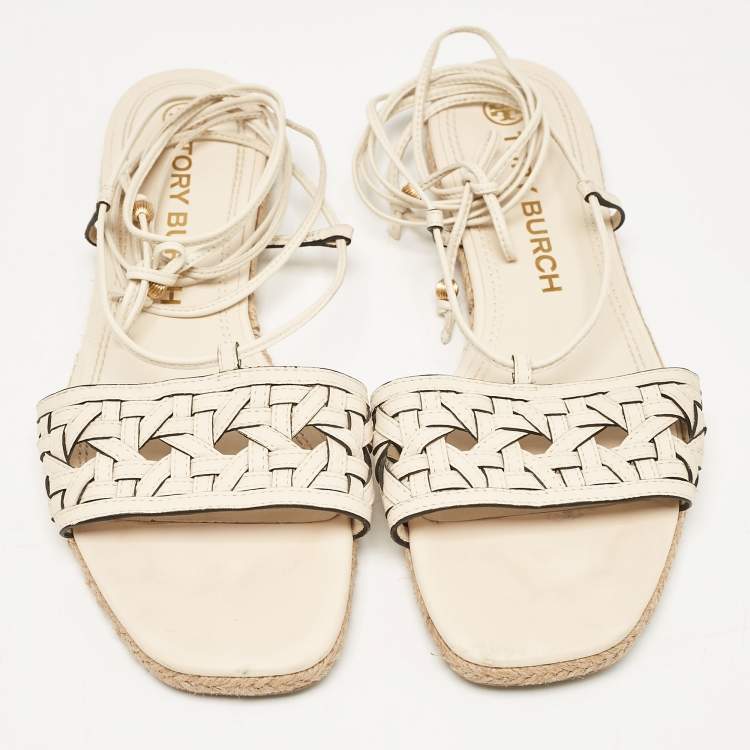 Pre Owned Tory Burch Cream Leather Ankle Wrap Flat Slides Size 39