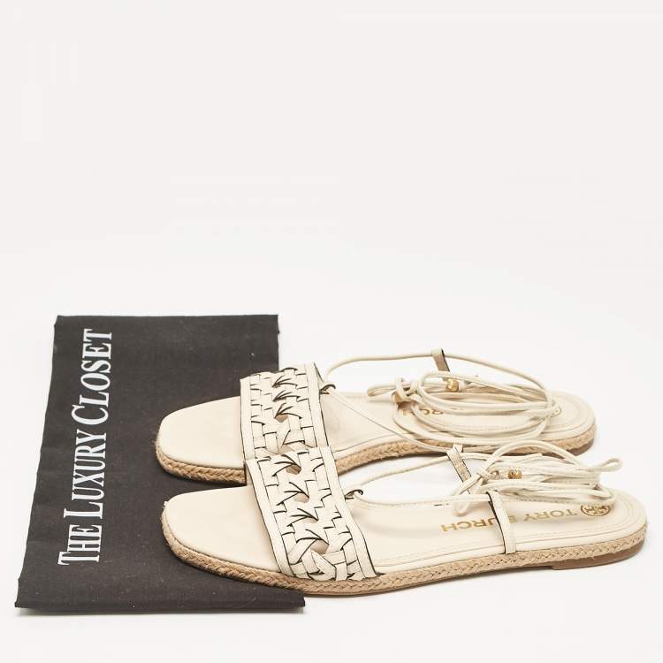 Pre Owned Tory Burch Cream Leather Ankle Wrap Flat Slides Size 39