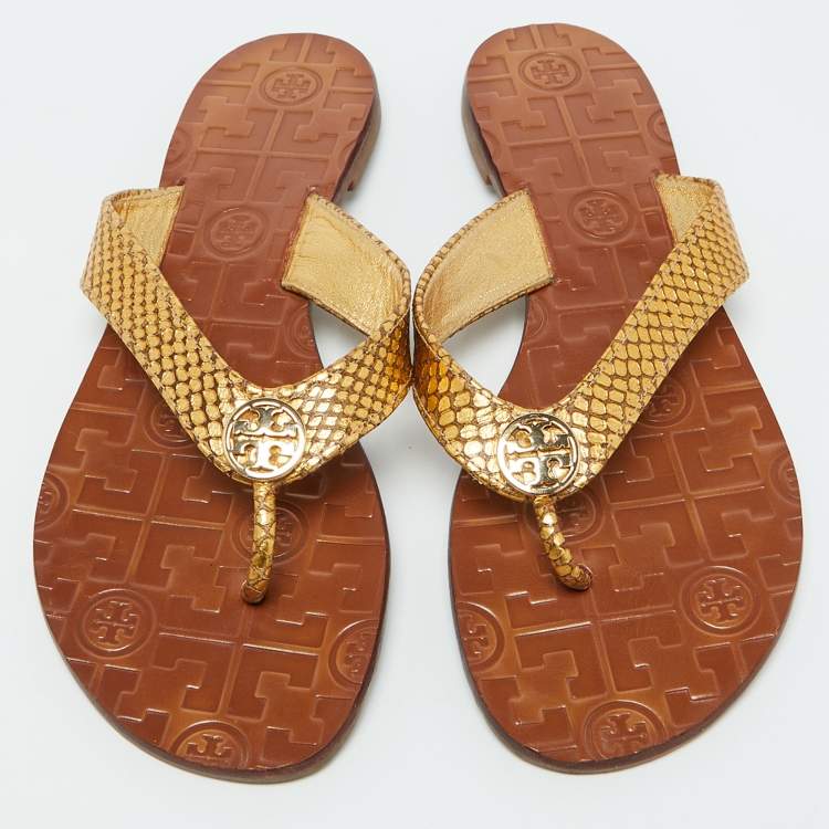 Pre Owned Tory Burch Gold Snakeskin Embossed Leather Monroe Thong Flats Size 37