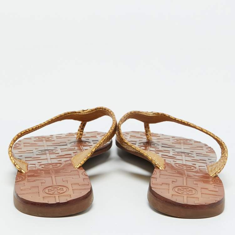 Pre Owned Tory Burch Gold Snakeskin Embossed Leather Monroe Thong Flats Size 37