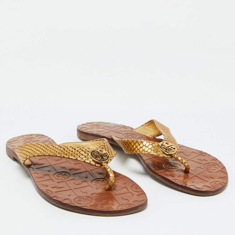 Pre Owned Tory Burch Gold Snakeskin Embossed Leather Monroe Thong Flats Size 37