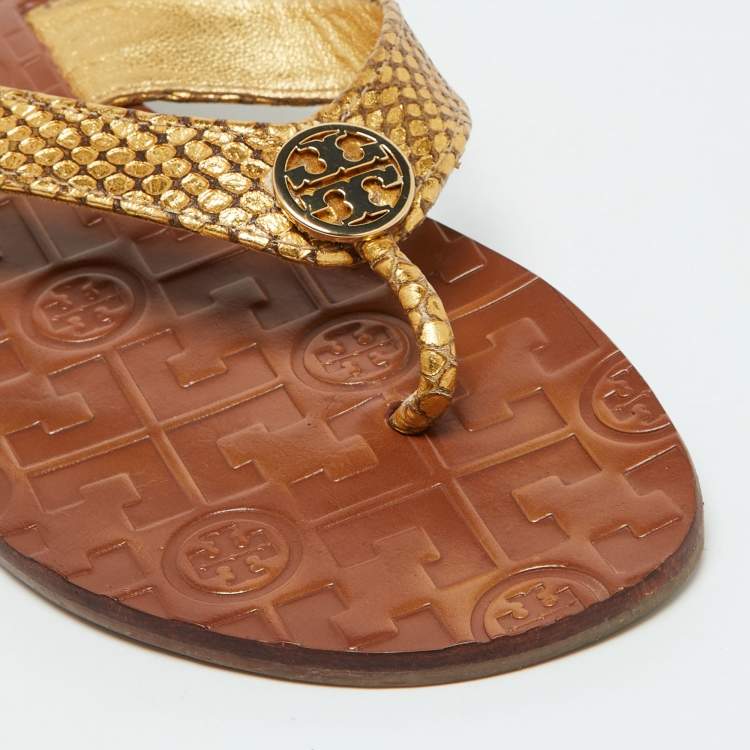 Pre Owned Tory Burch Gold Snakeskin Embossed Leather Monroe Thong Flats Size 37