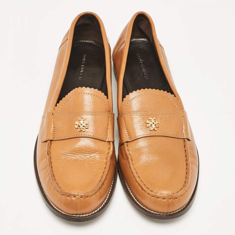 Pre Owned Tory Burch Brown Leather Classic Logo Plaque Loafers Size 39
